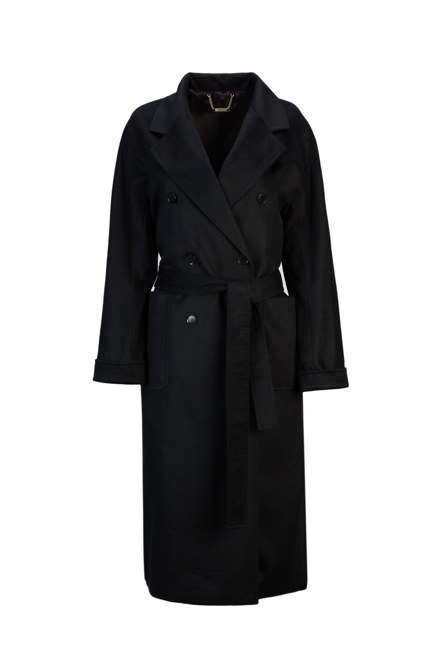 A model wearing a warm cashmere coat, styled with a belted waist for an elegant and cozy look.