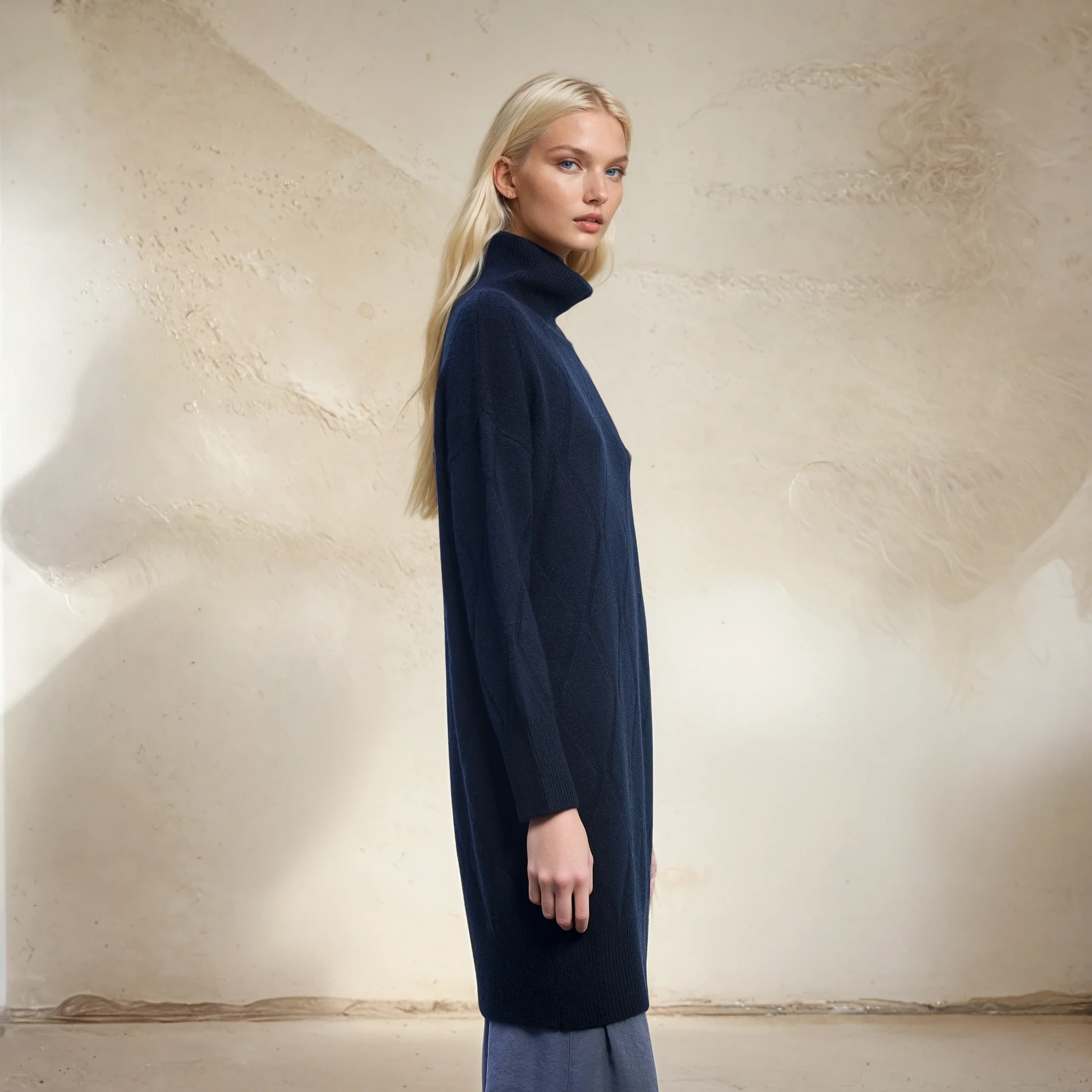 Cashmere Diamond Stitch Turtle Neck Dress