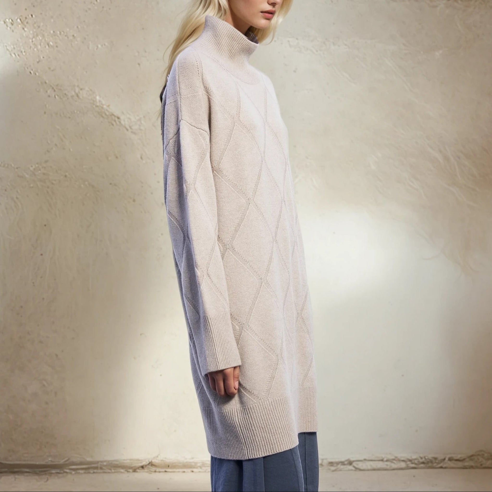 Cashmere Diamond Stitch Turtle Neck Dress