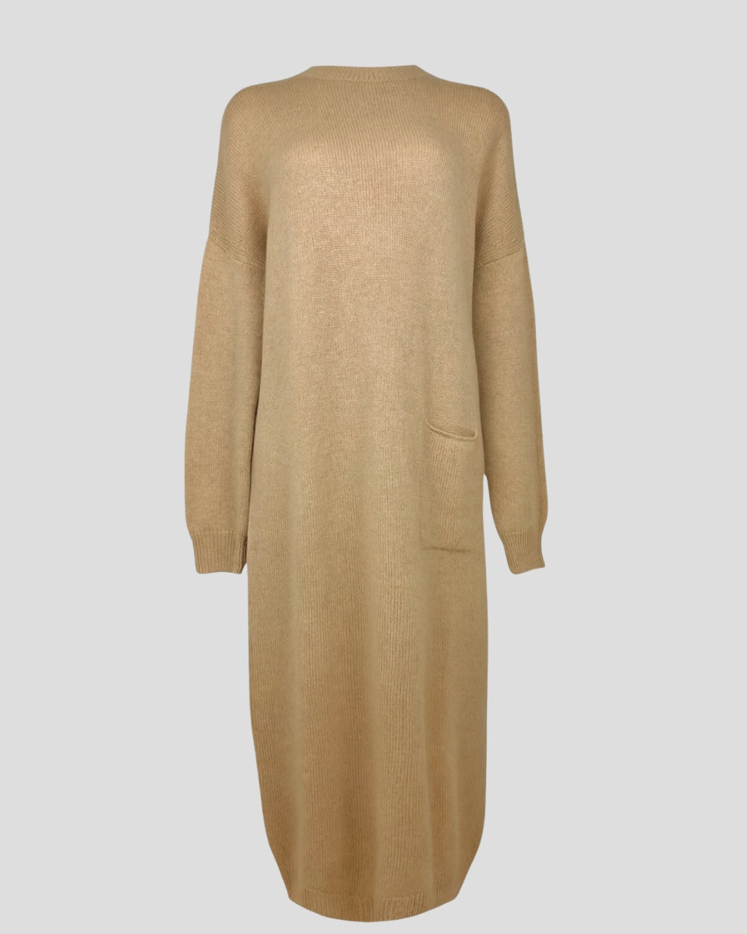 Camel color loose fit cashmere dress with round neck and one pocket, long sleeves, minimalist style for women.