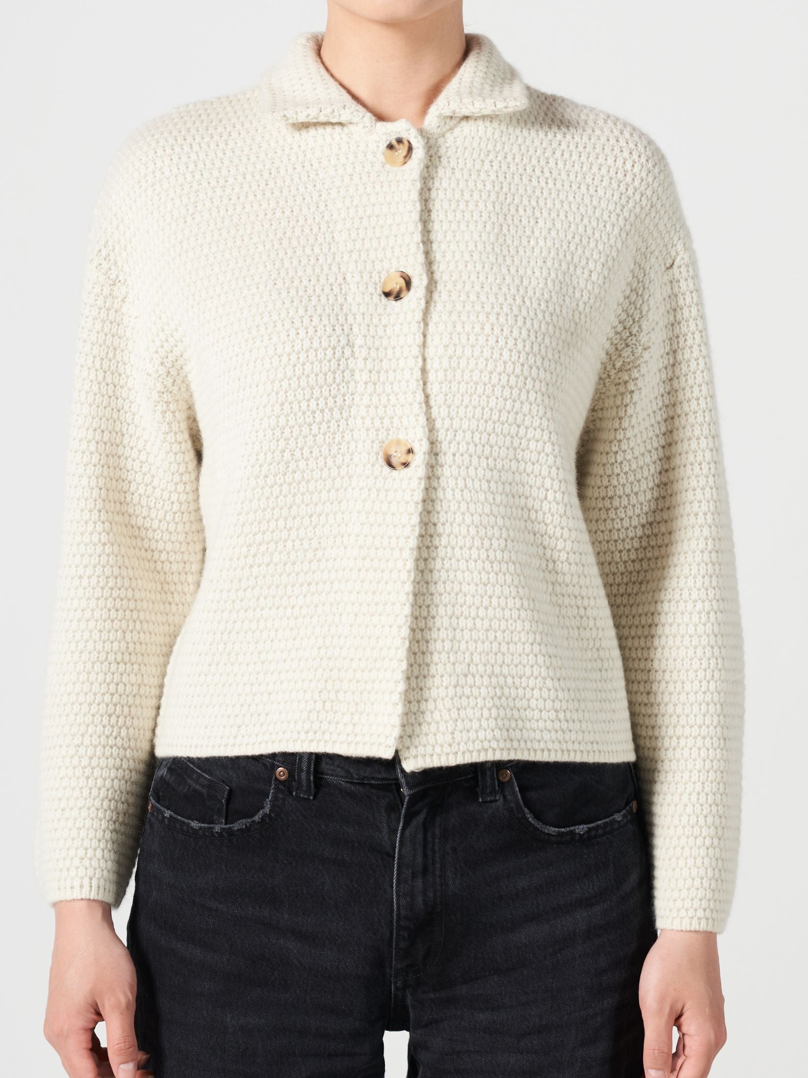 Moss Stitch Cashmere Polo Cardigan