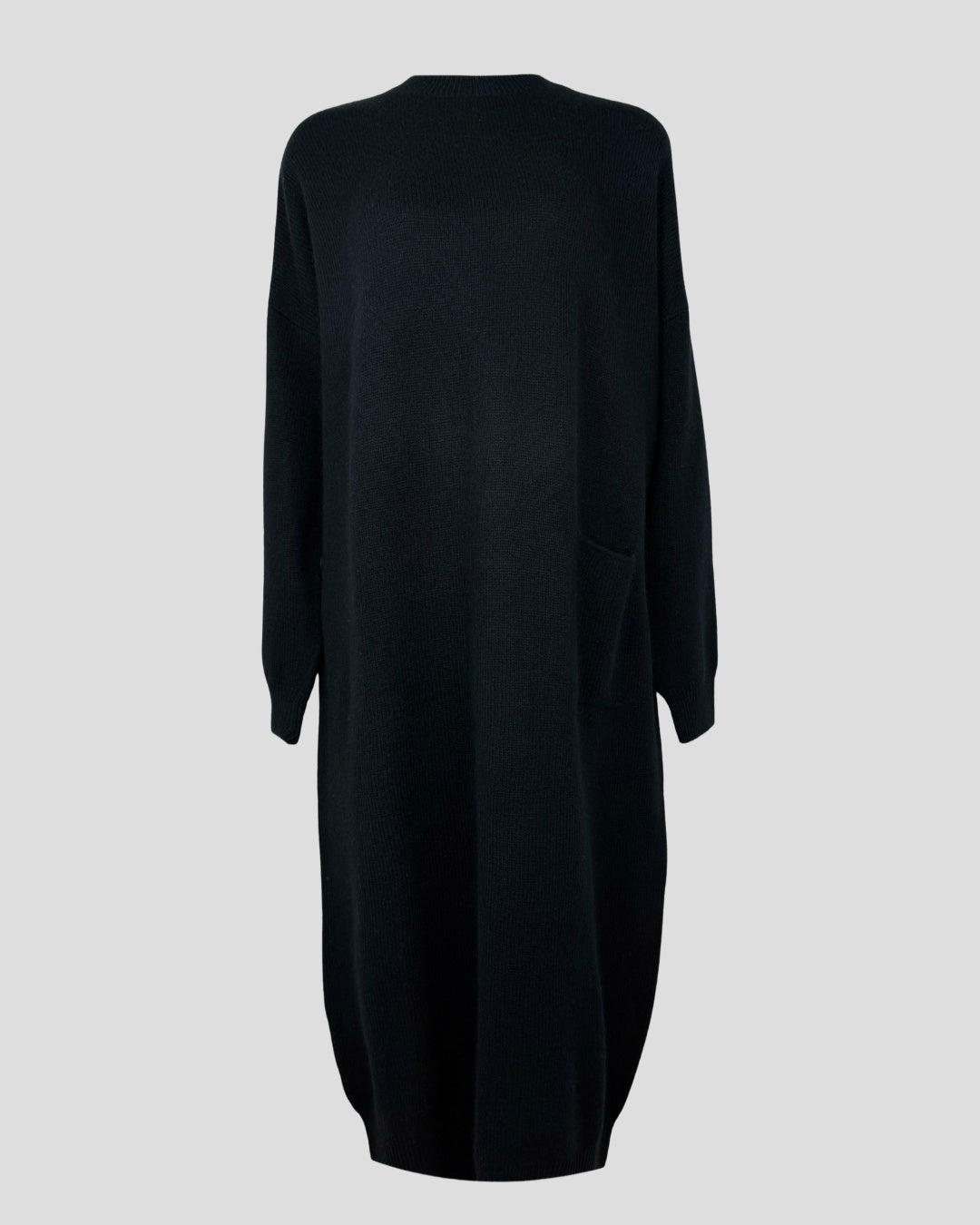 Black loose fit cashmere dress with one pocket and round neck, minimalist and elegant design for women.