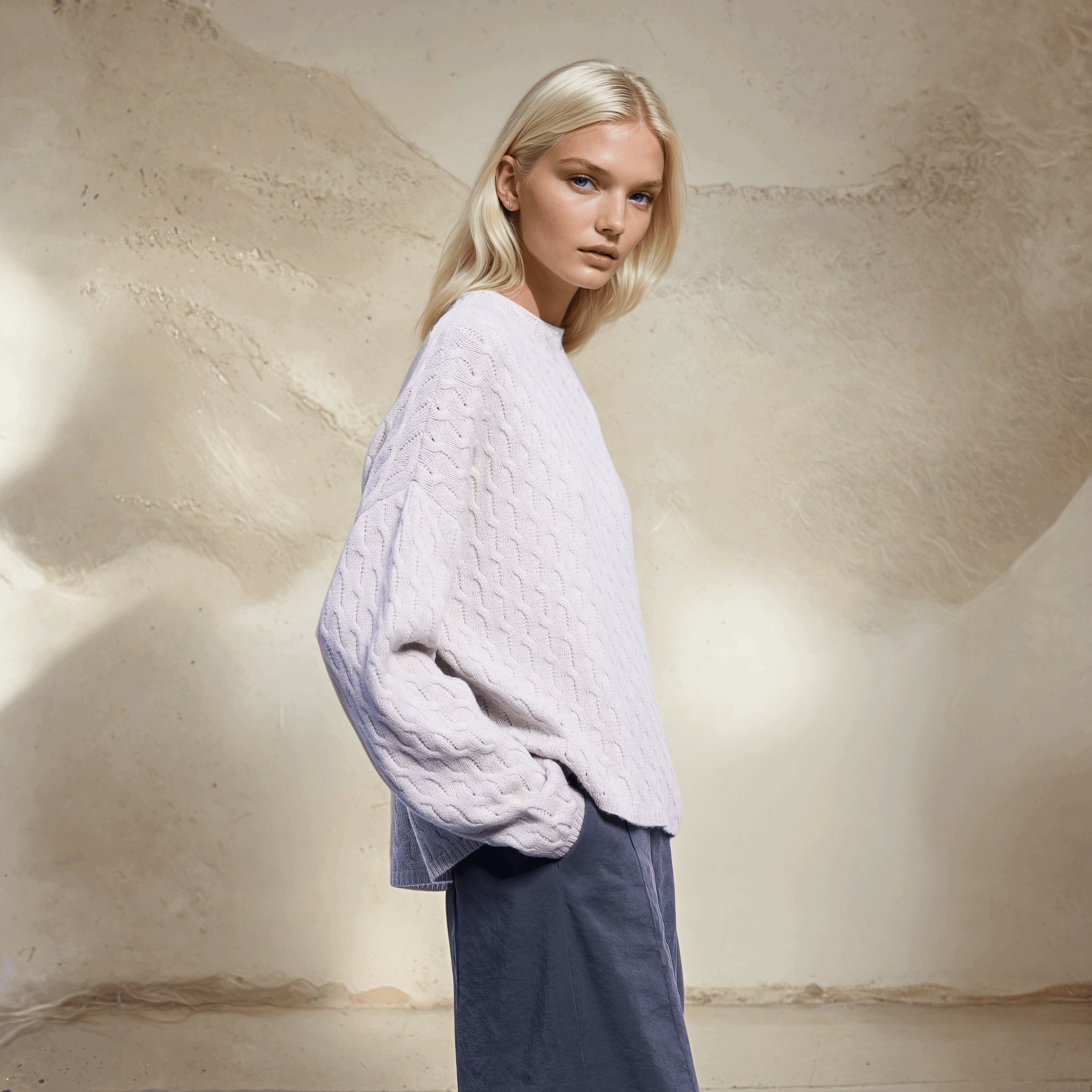 Cable-knit high-neck cashmere sweater in chalk pink, worn by model, showcasing intricate knit pattern and elegant, cozy fit.