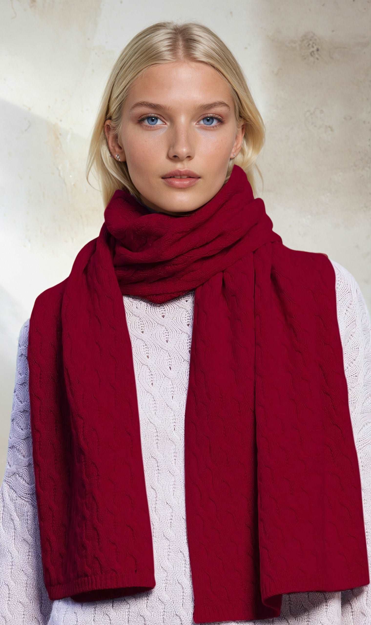 Cashmere scarf in cable knit, big scarf-burgundy