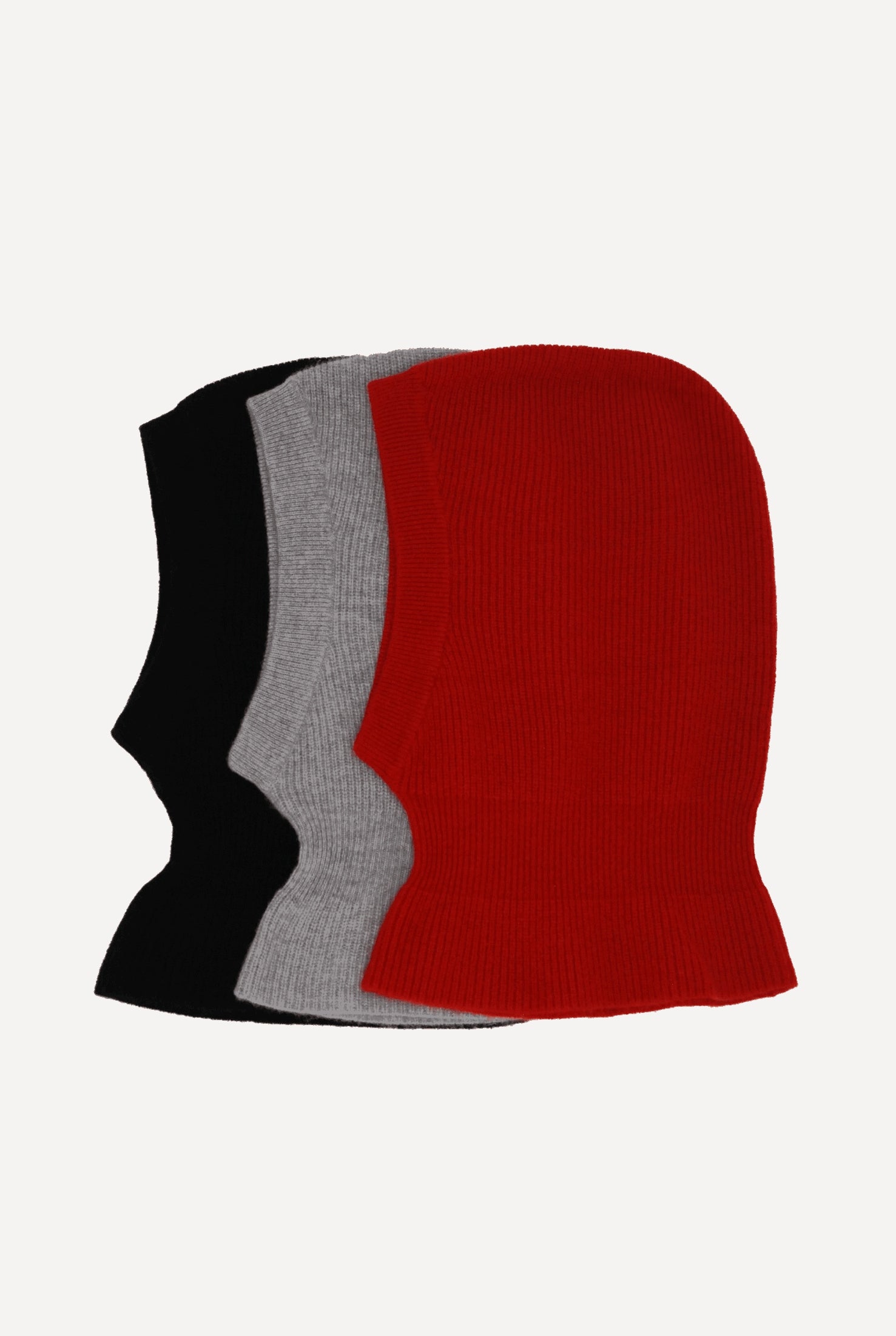 Cashmere balaclavas in black, grey, and red colors.