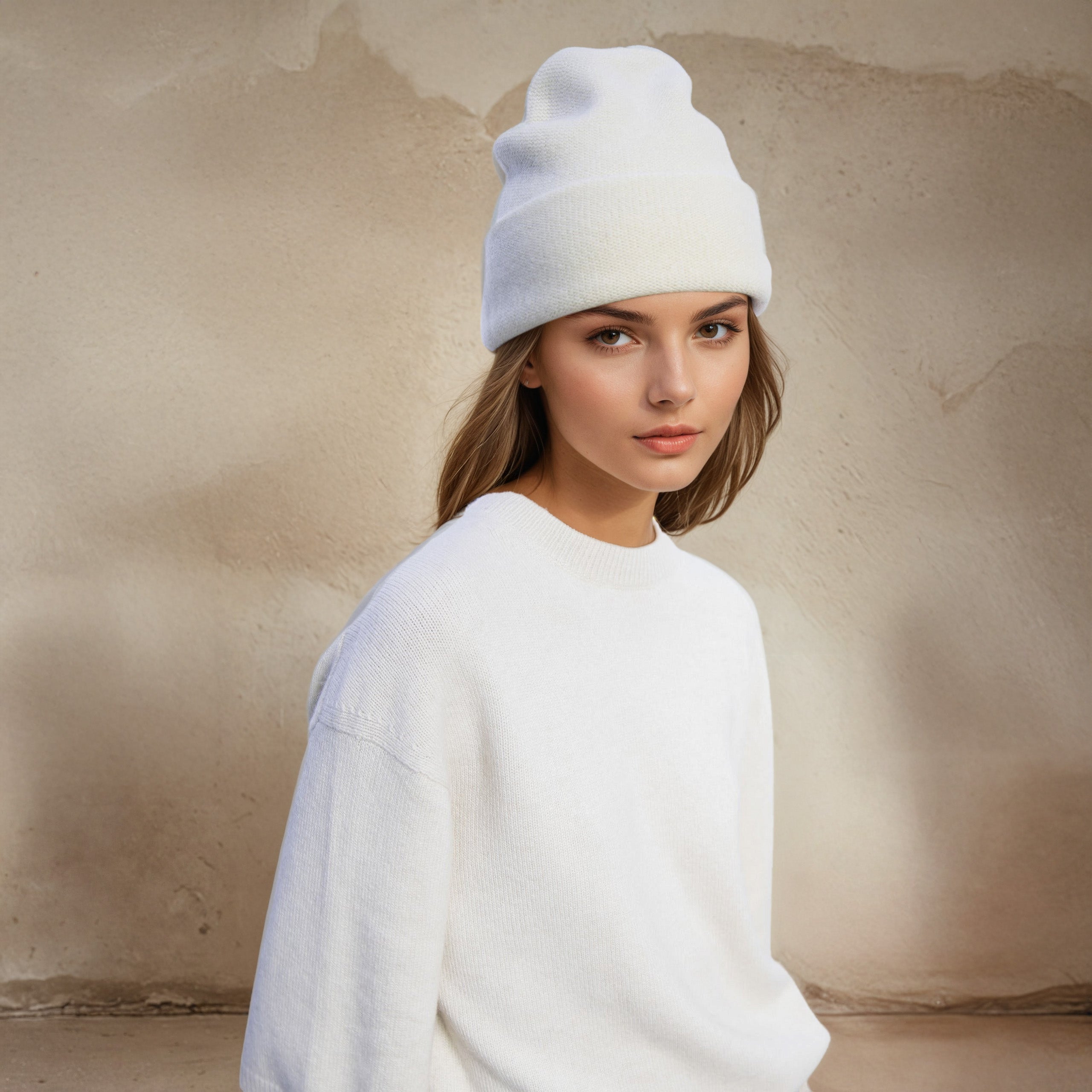 Cozy cashmere beanie in pearl color.