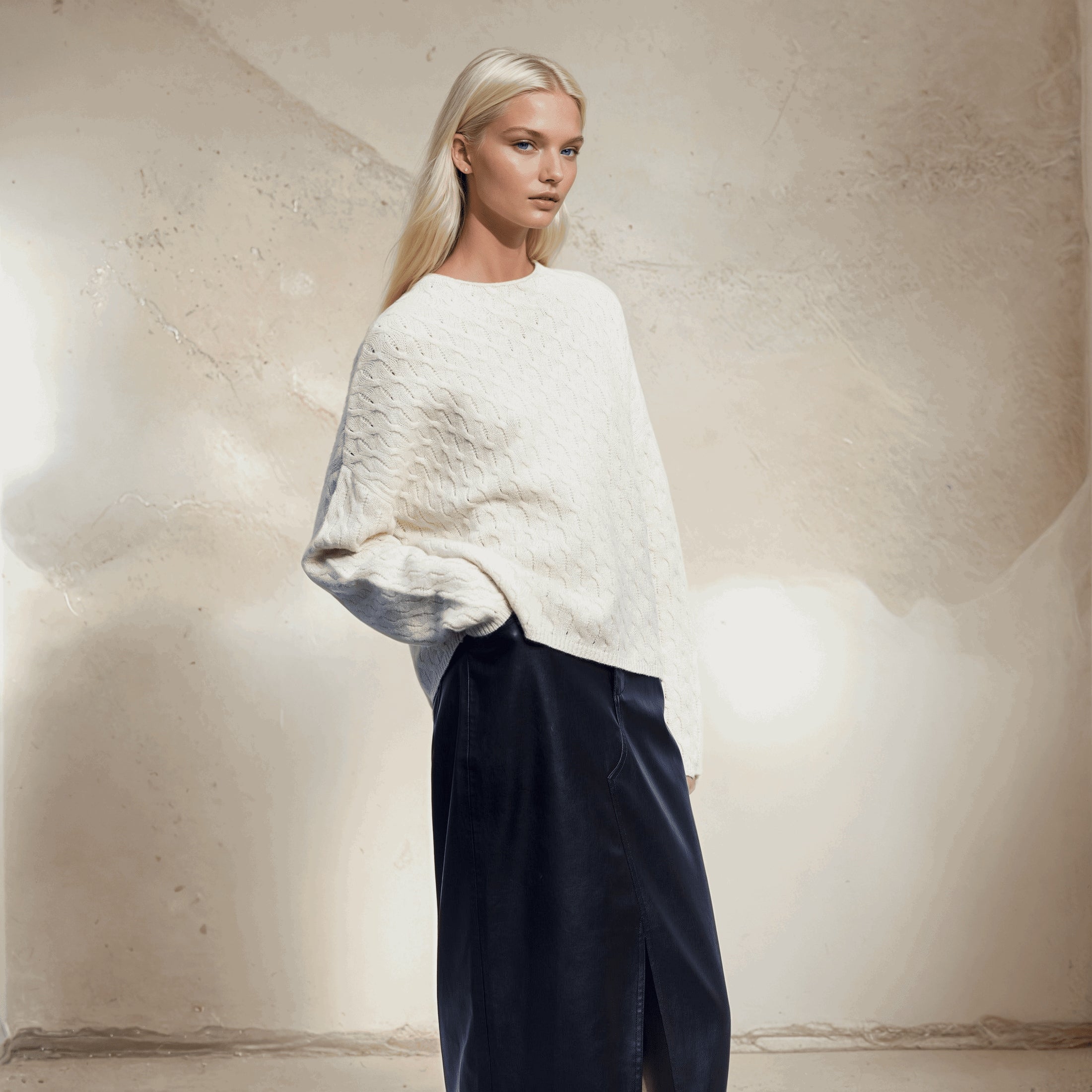 Cable-knit high-neck cashmere sweater in pearl, worn by model, showcasing intricate knit pattern and elegant, cozy fit.