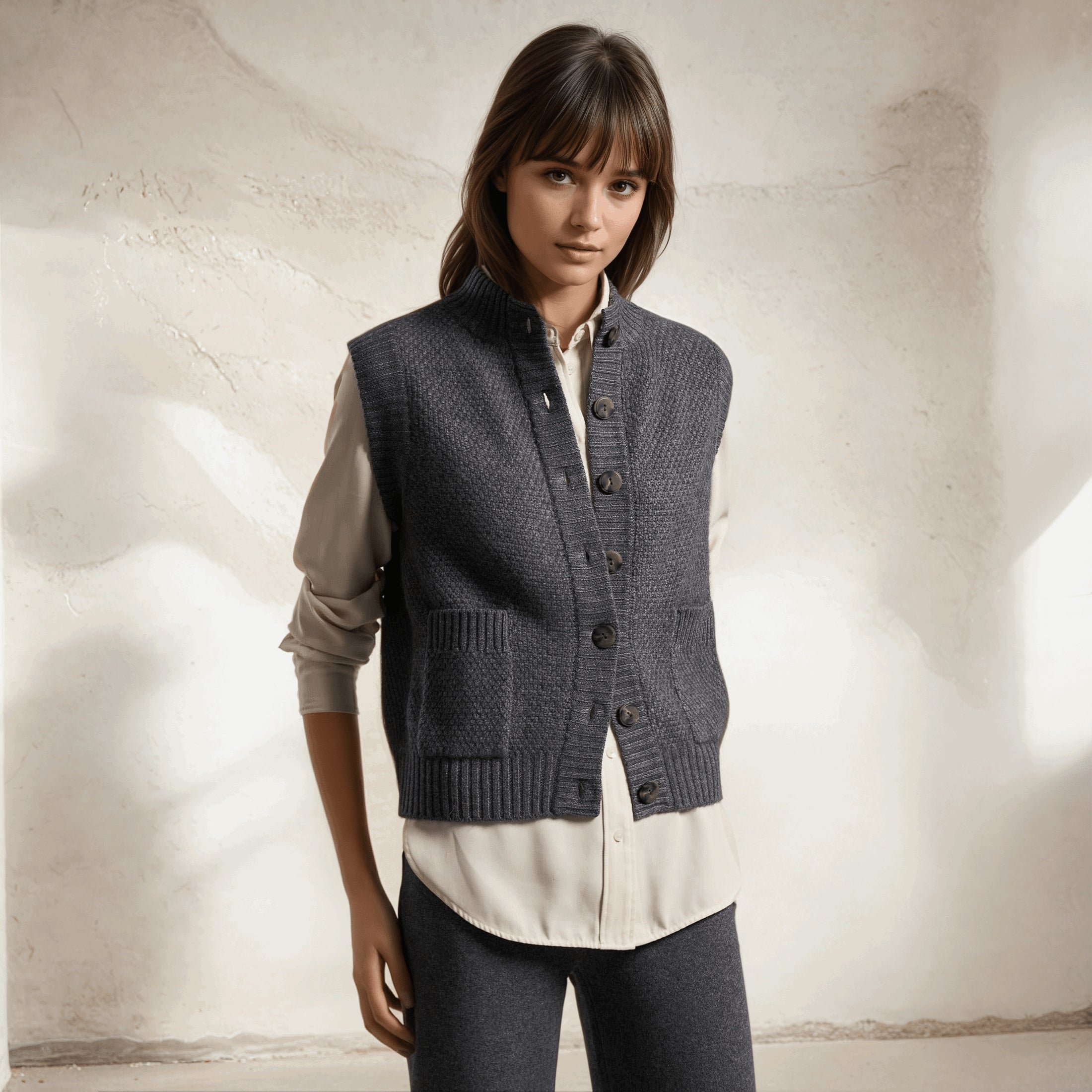 Cashmere moss stitch button vest 2-pockets.