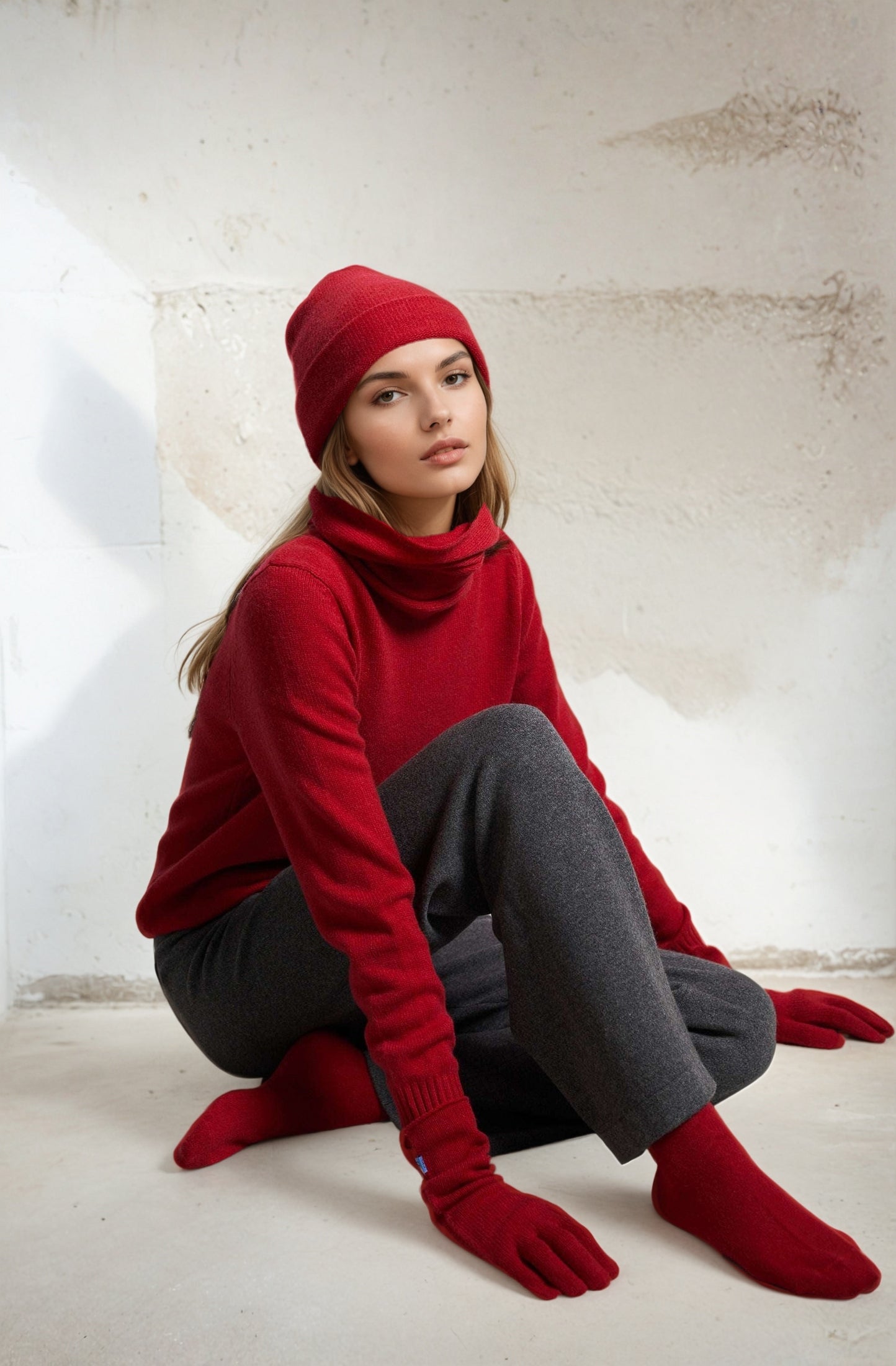 A model styled in red cashmere clothing, featuring a red cashmere beanie.