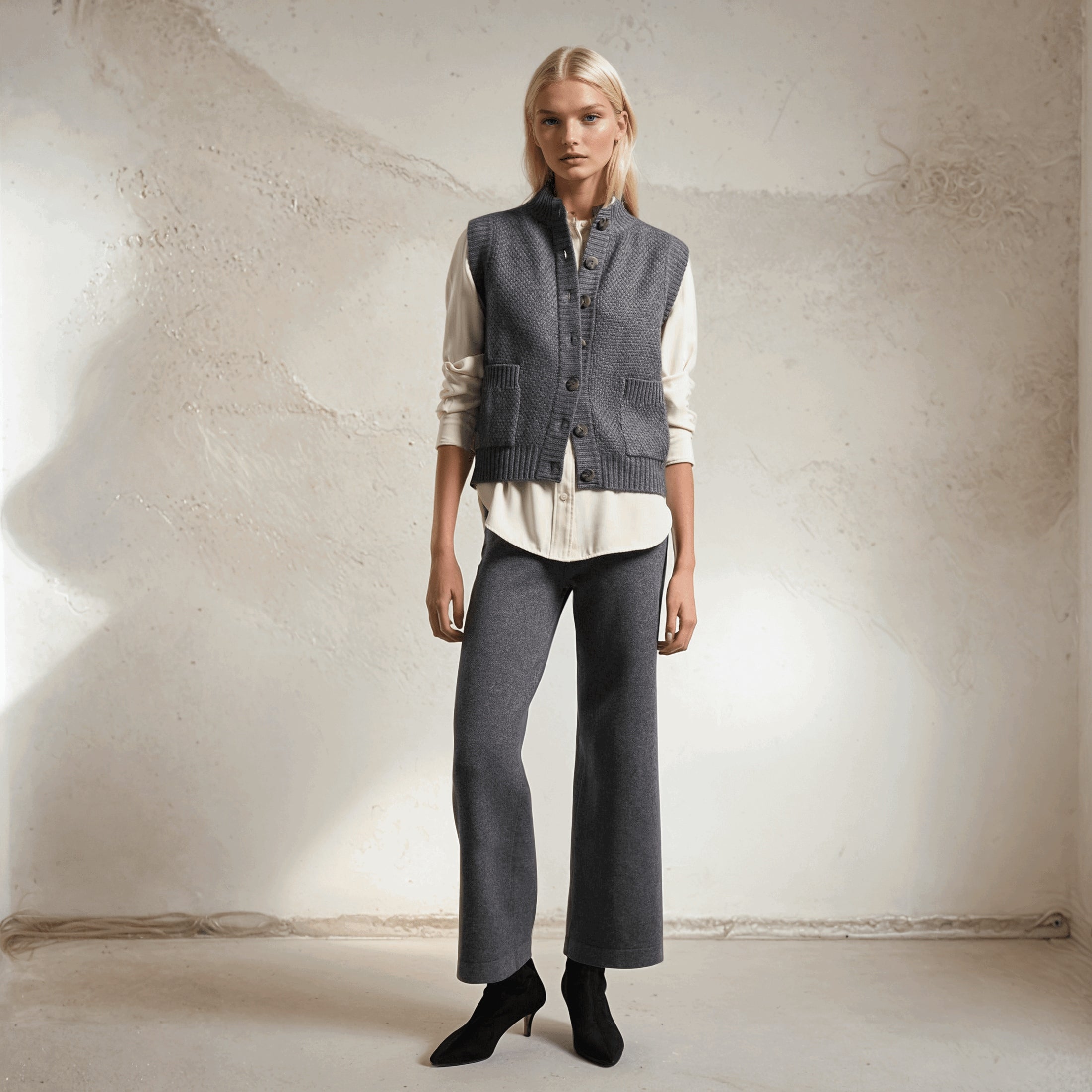 Grey cashmere cropped pants worn, highlighting soft texture and modern ankle-length style.