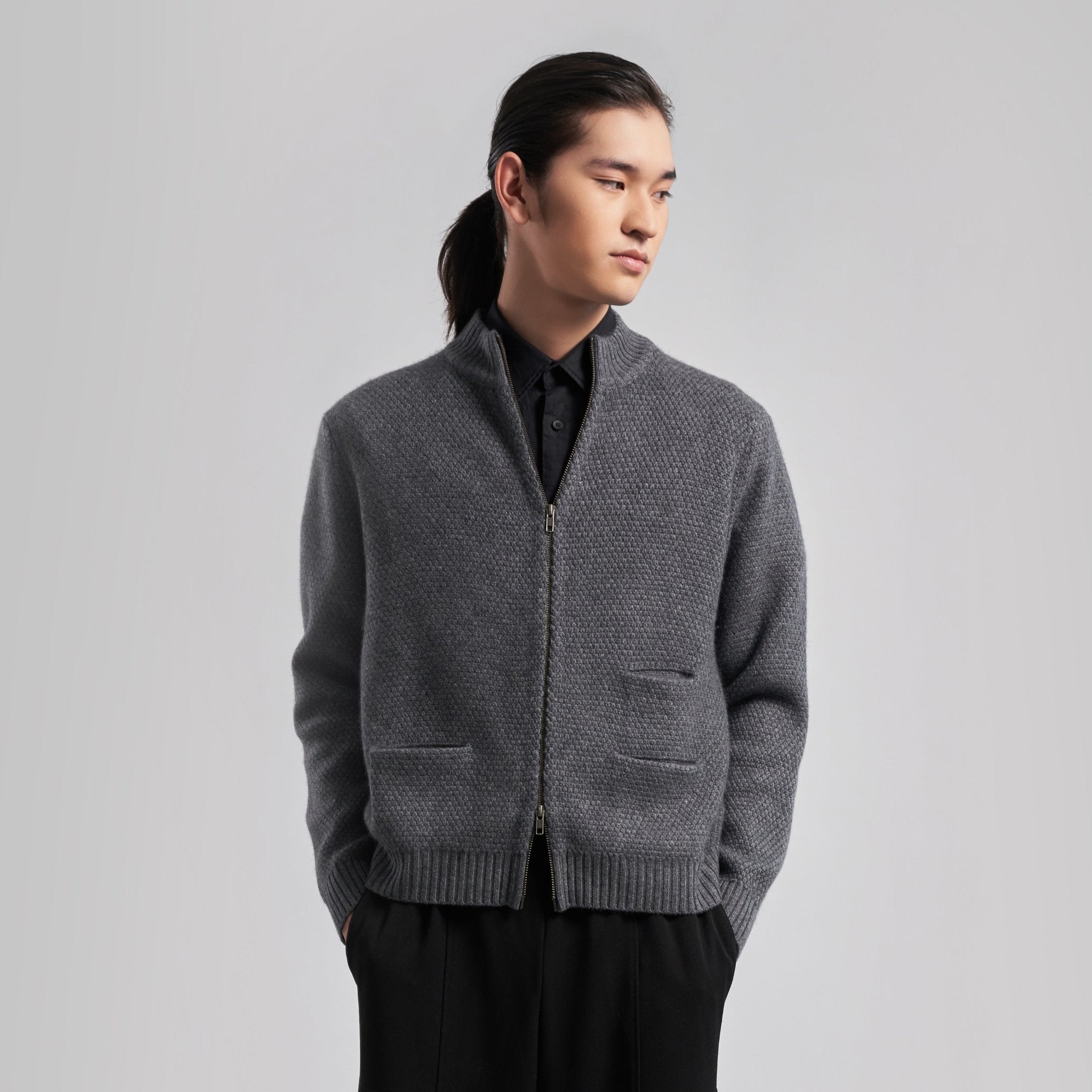 Cashmere moss stitch cardigan with a zip.