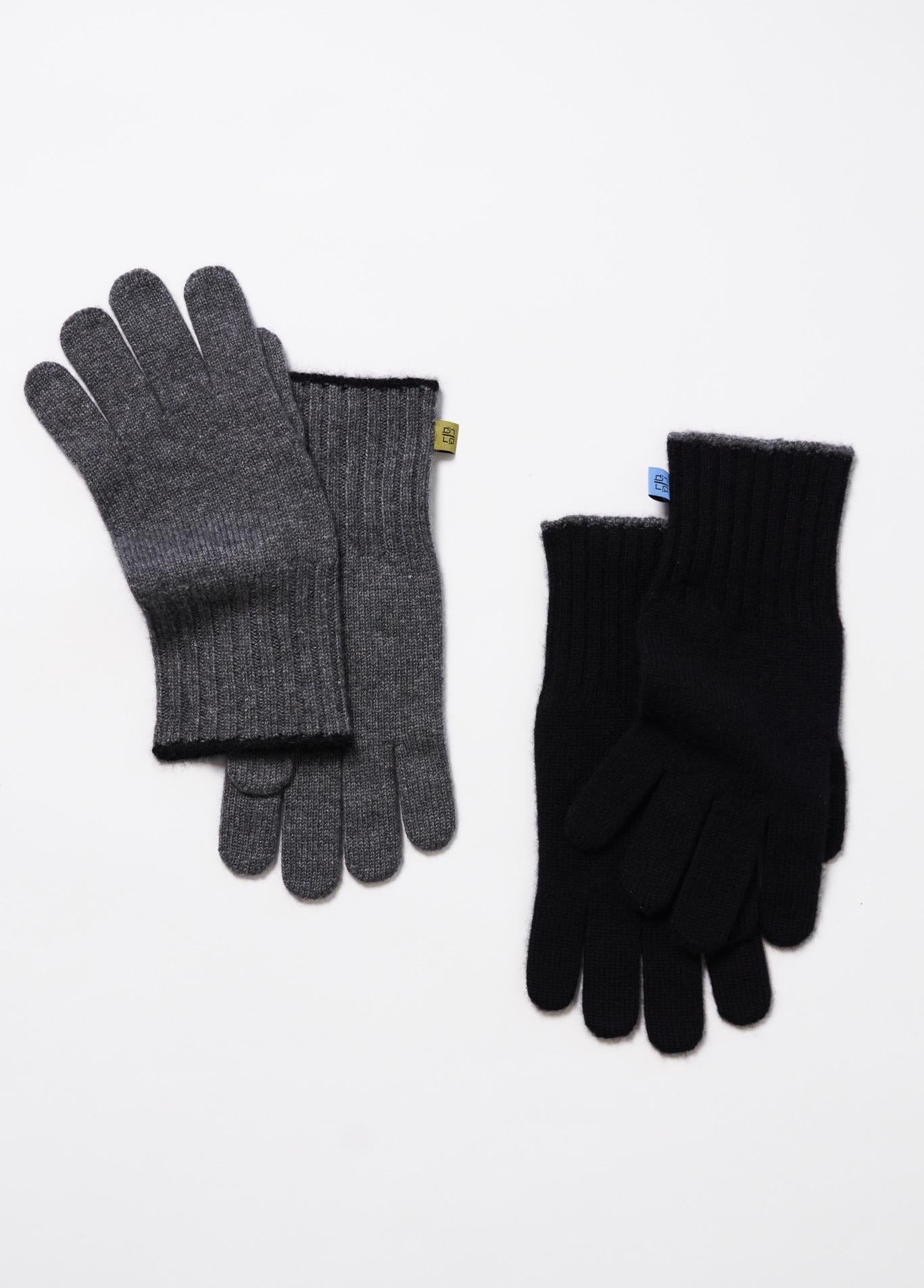 Grey and black cashmere gloves, flat lay, showcasing a sleek design and soft, warm texture.