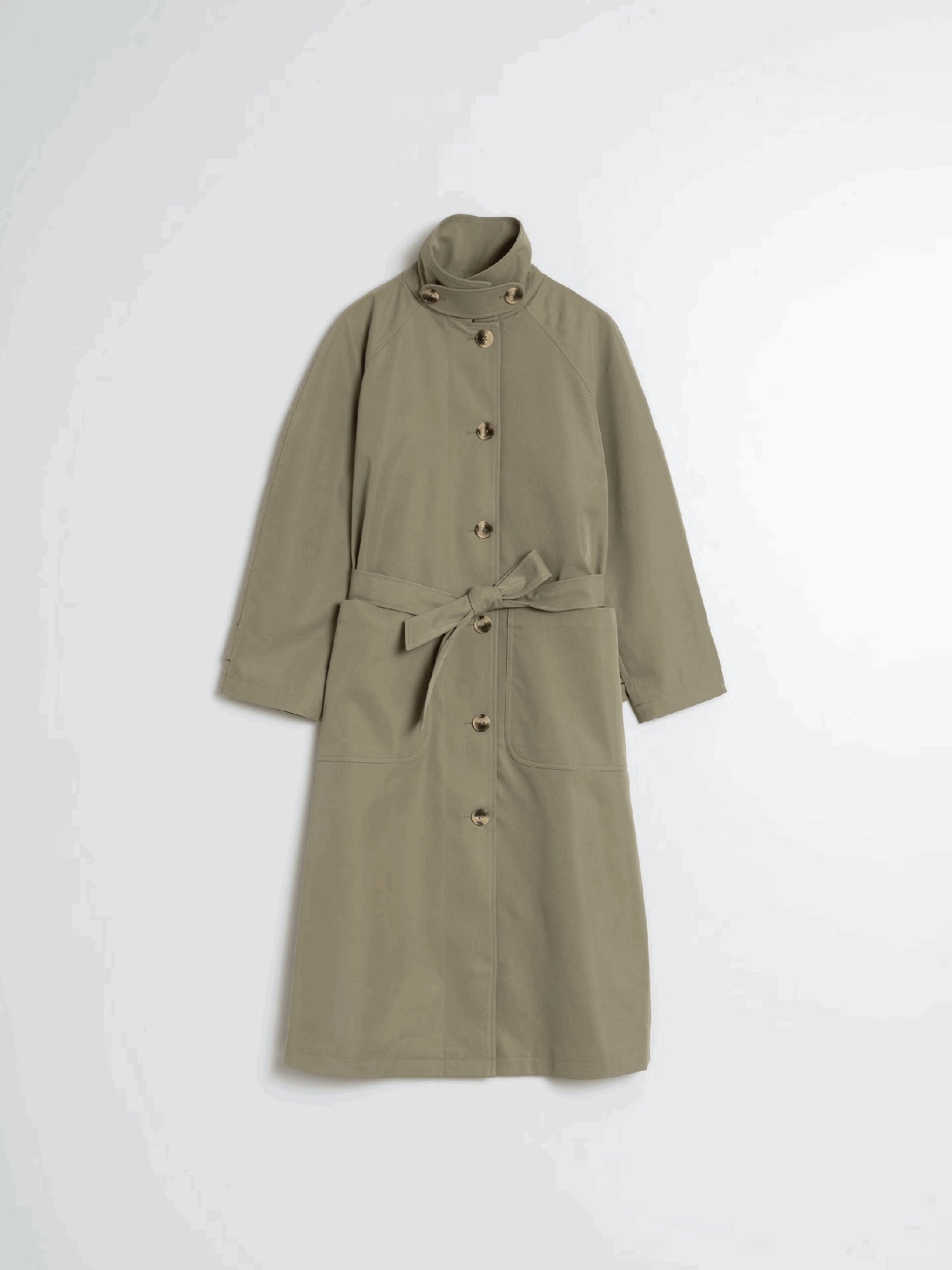 Flat lay of a khaki trench coat with belt.