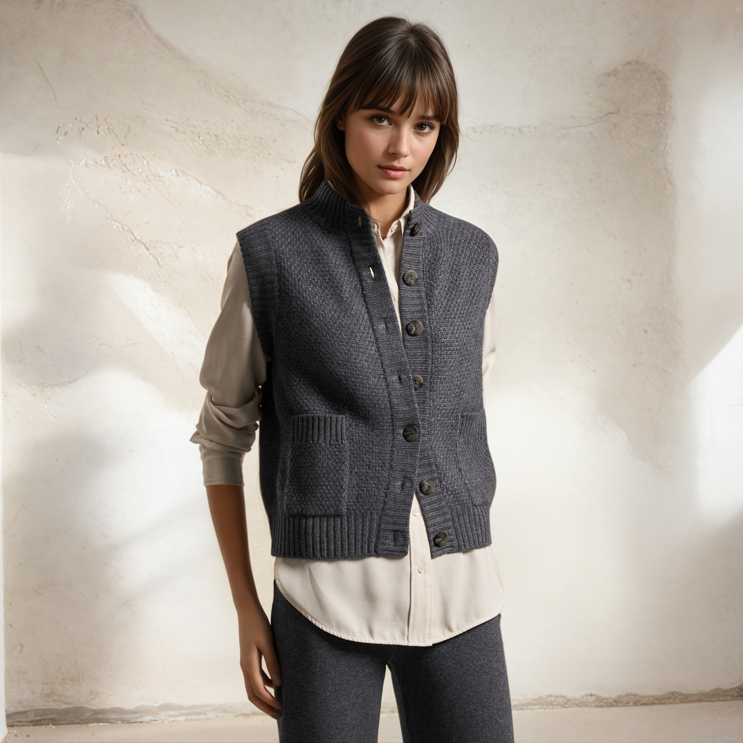 Moss stitch button vest 2-pockets