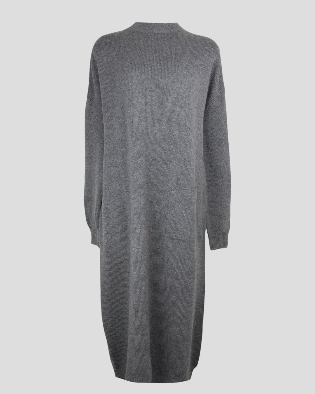 Grey cashmere one pocket loose dress with long sleeves and round neck in relaxed fit style