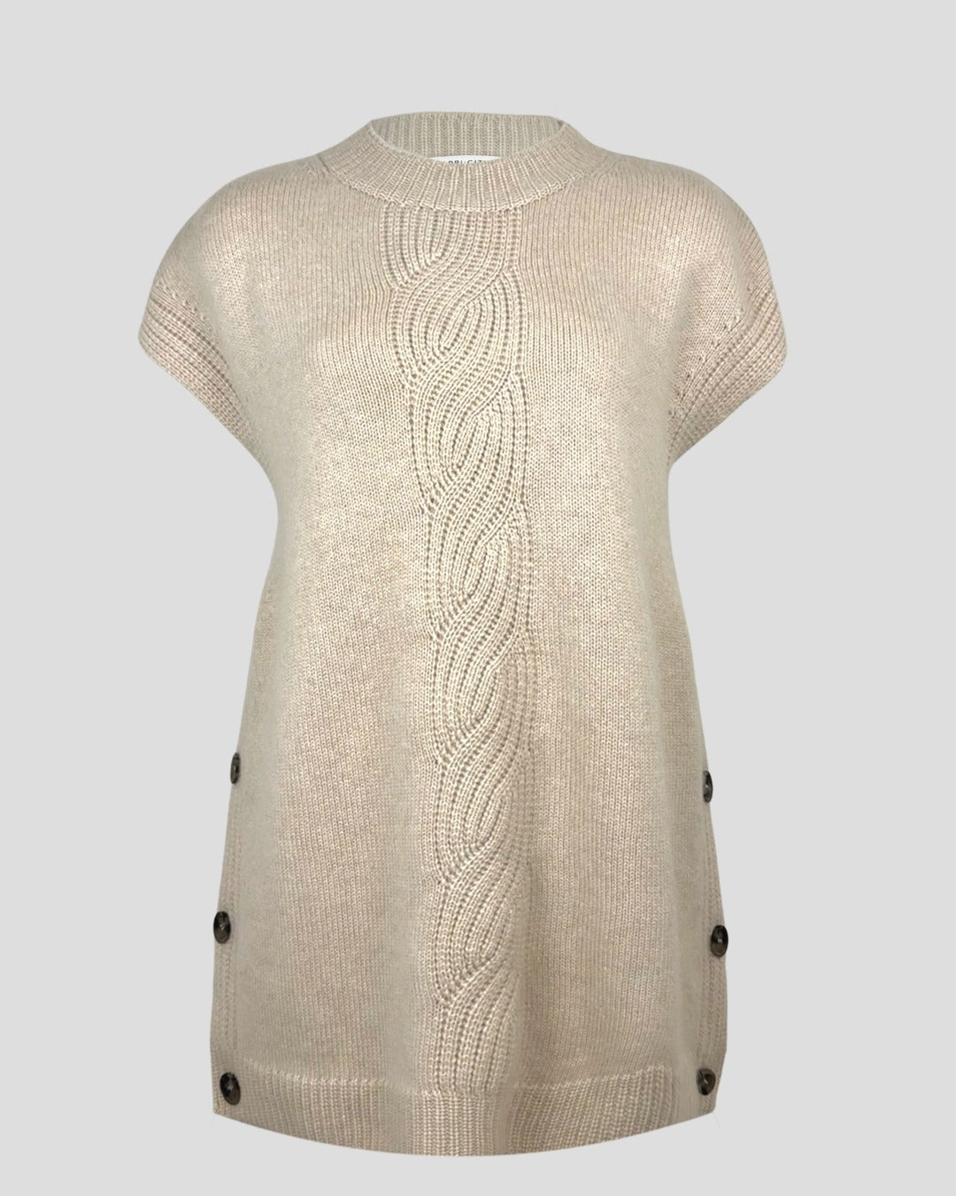 Ethical Mongolian cashmere sleeveless beige sweater vest with cable knit detail and side buttons from Apricity Cashmere.