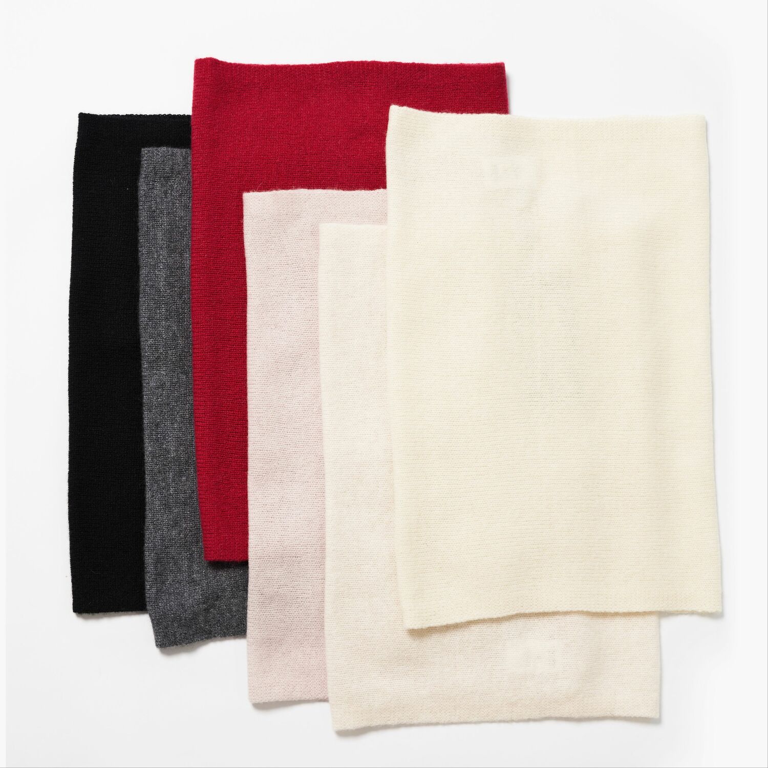 Cashmere tube scarf in black, grey, red, chalk pink, ivory, and pearl color.