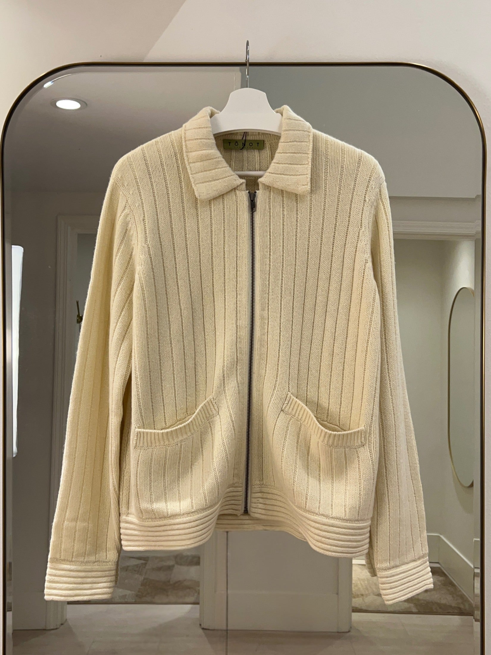 Ribbed Zip Cashmere Jacket-Cream
