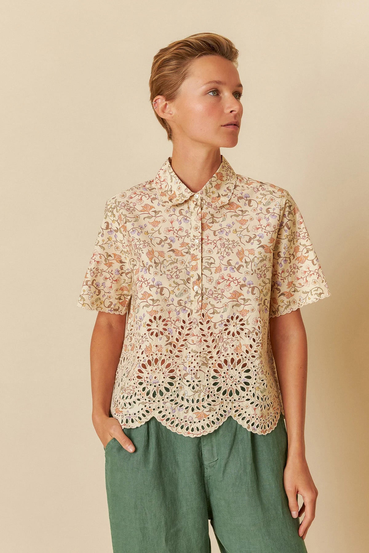 Floral printed cotton shirt with delicate embroidery details