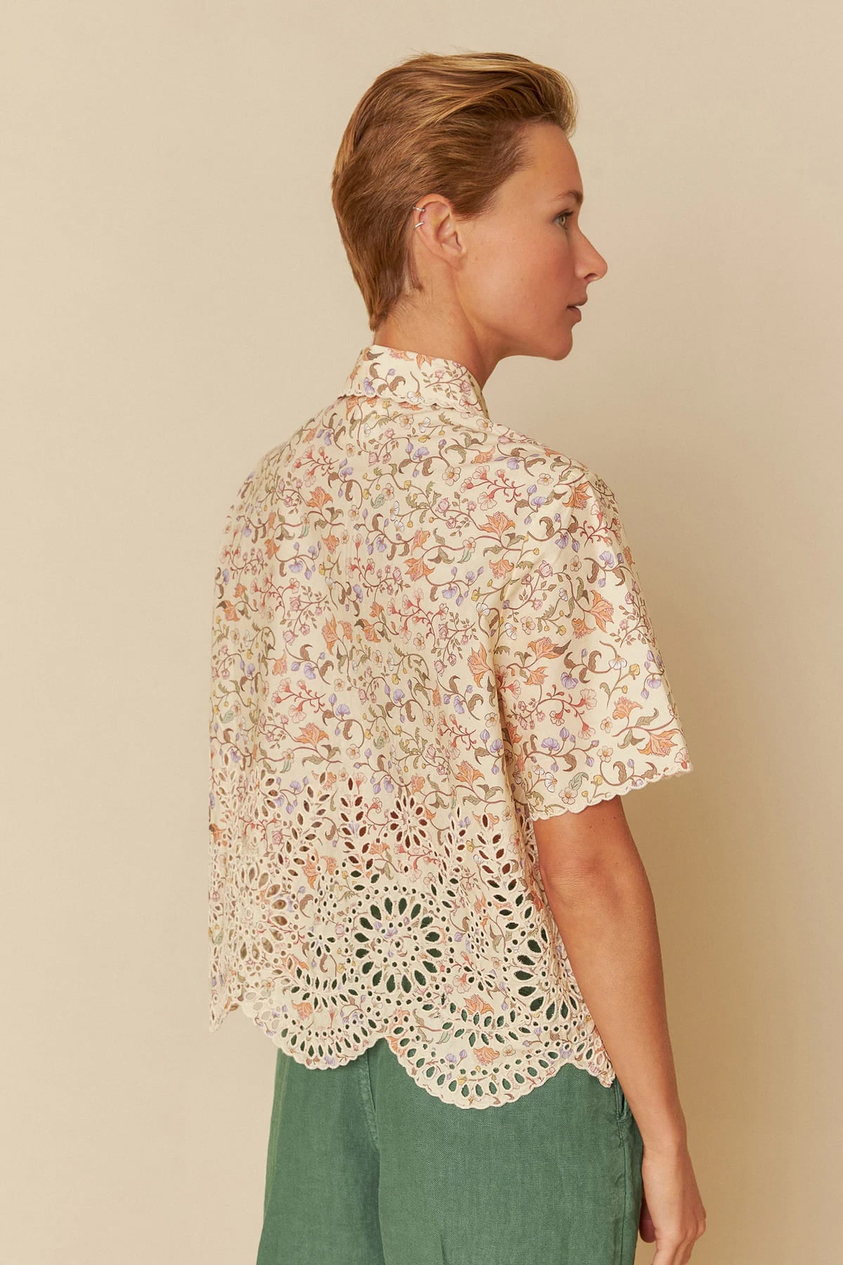 Floral printed cotton shirt with delicate embroidery details