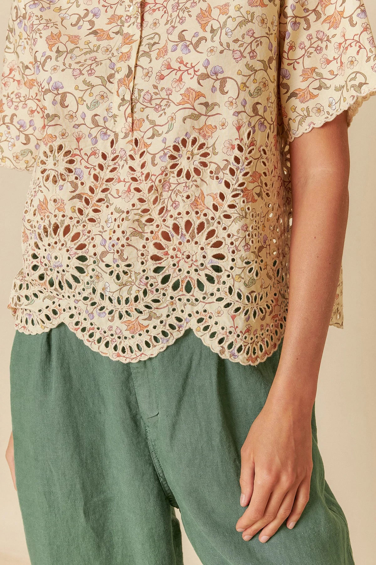 Floral printed cotton shirt with delicate embroidery details