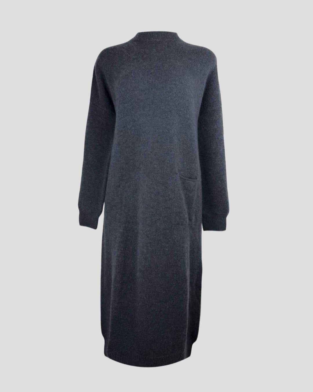 Grey cashmere loose fit dress with one pocket and round neck, designed for women’s relaxed elegance.