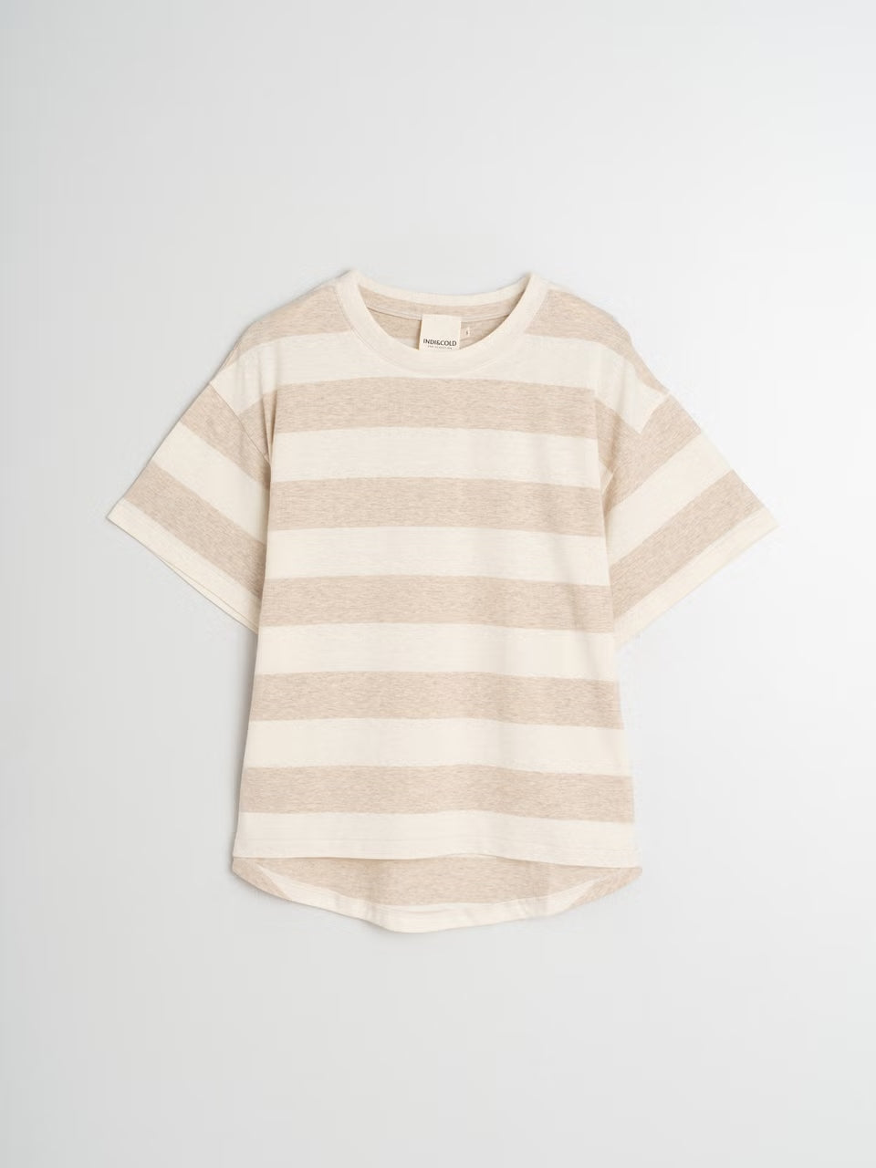 A flat lay image of  short-sleeve striped t-shirt.