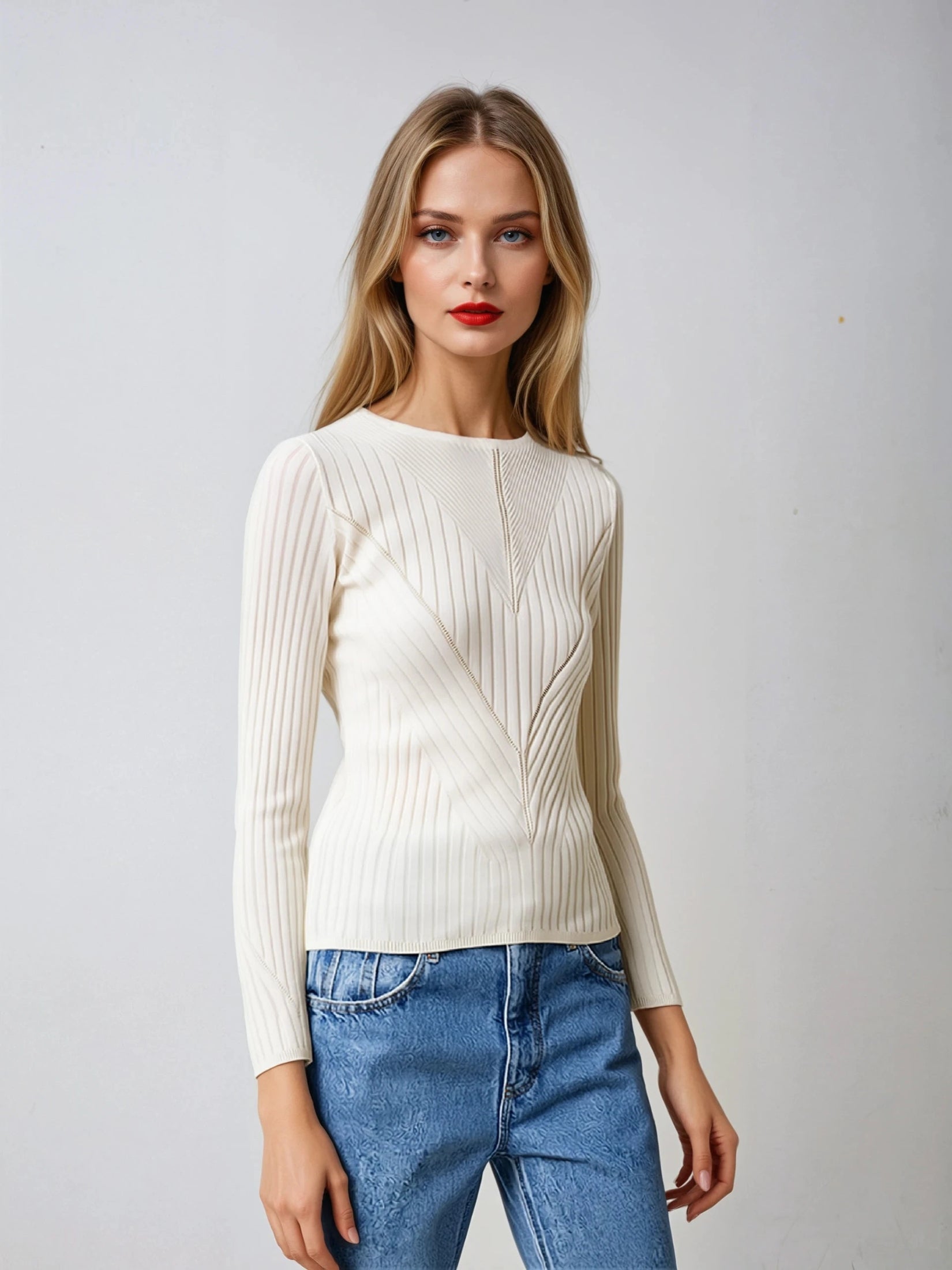 Model wearing a white silk cashmere rib knit, offering a soft and luxurious fit